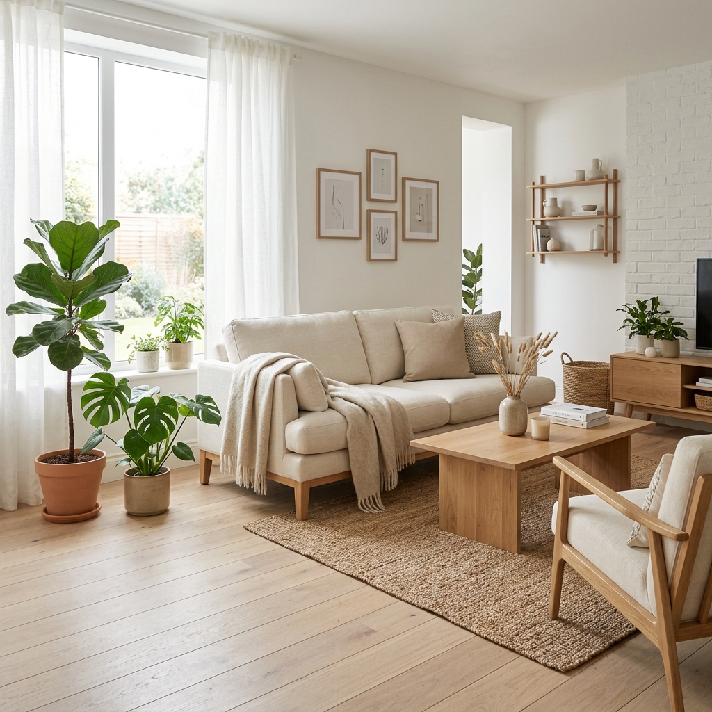 Comfortable seating and warm oak furniture in a sunlit home